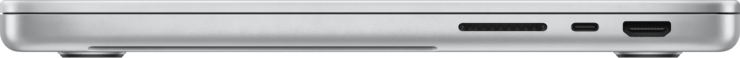 MacBook Pro 的右侧显示 SD 卡插槽、雷雳 4 端口和 HDMI 端口